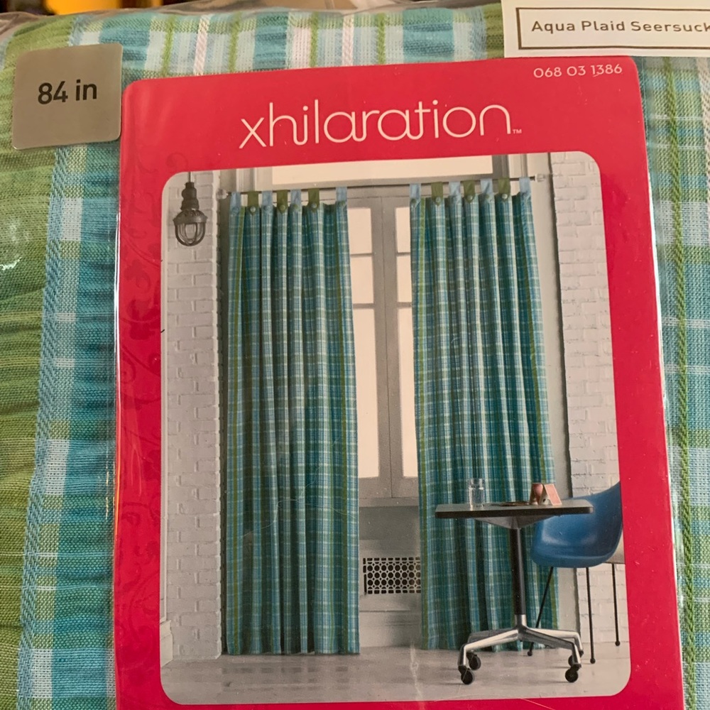 3 Window Panels Aqua/Green Plaid Seersucker NWT